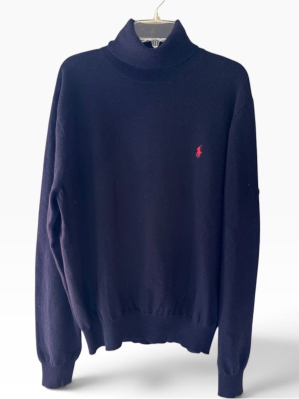 VINTAGE Polo Ralph Lauren 100% Merino Wool Navy Turtleneck Sweater Italian Yarn